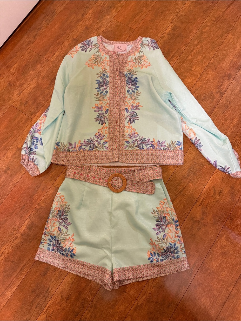 ROE Mint Blouse with Multicolor Floral Embroidery